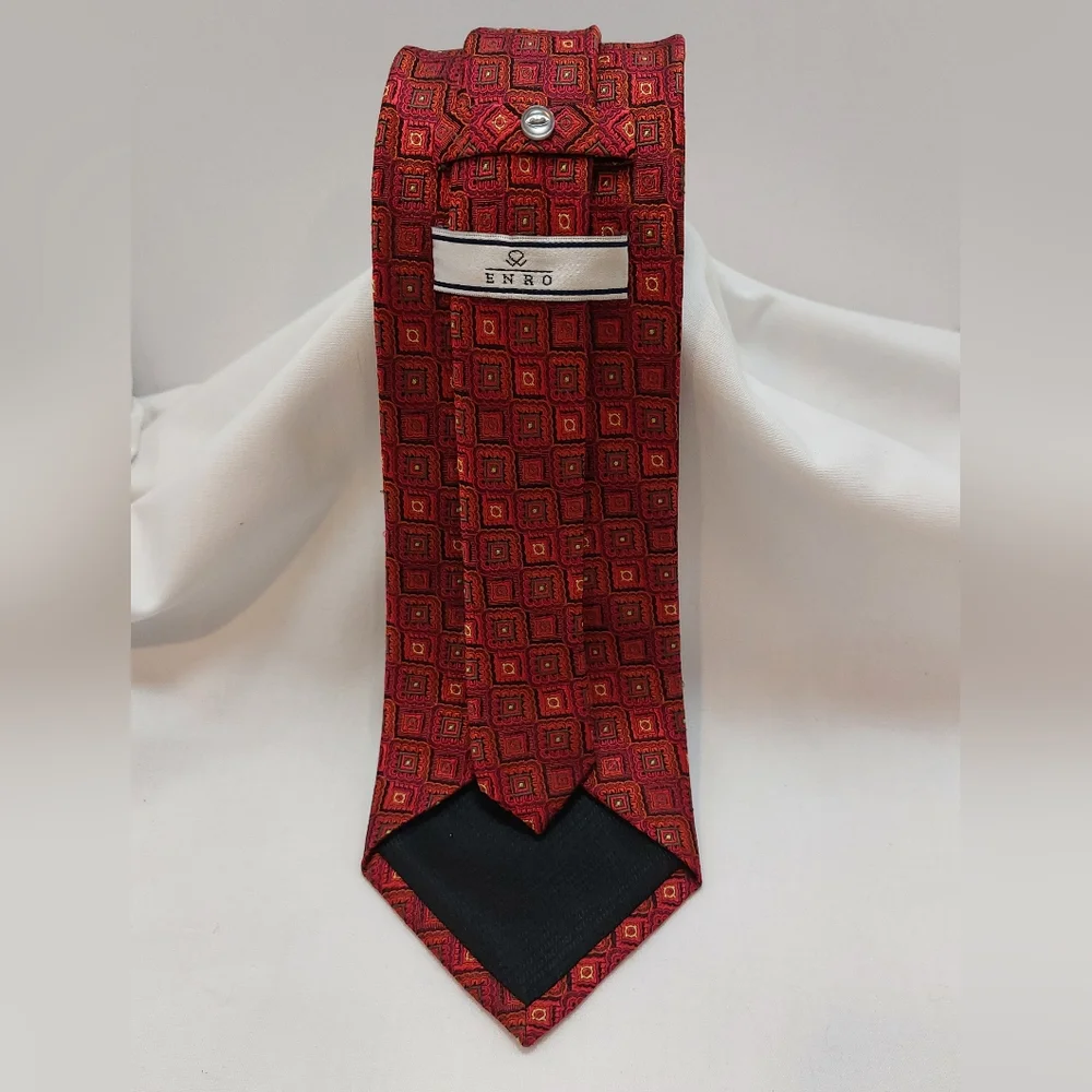 Enro 100% Silk Tie‎ Red Multi Geometric Print Men's Neck Tie 60